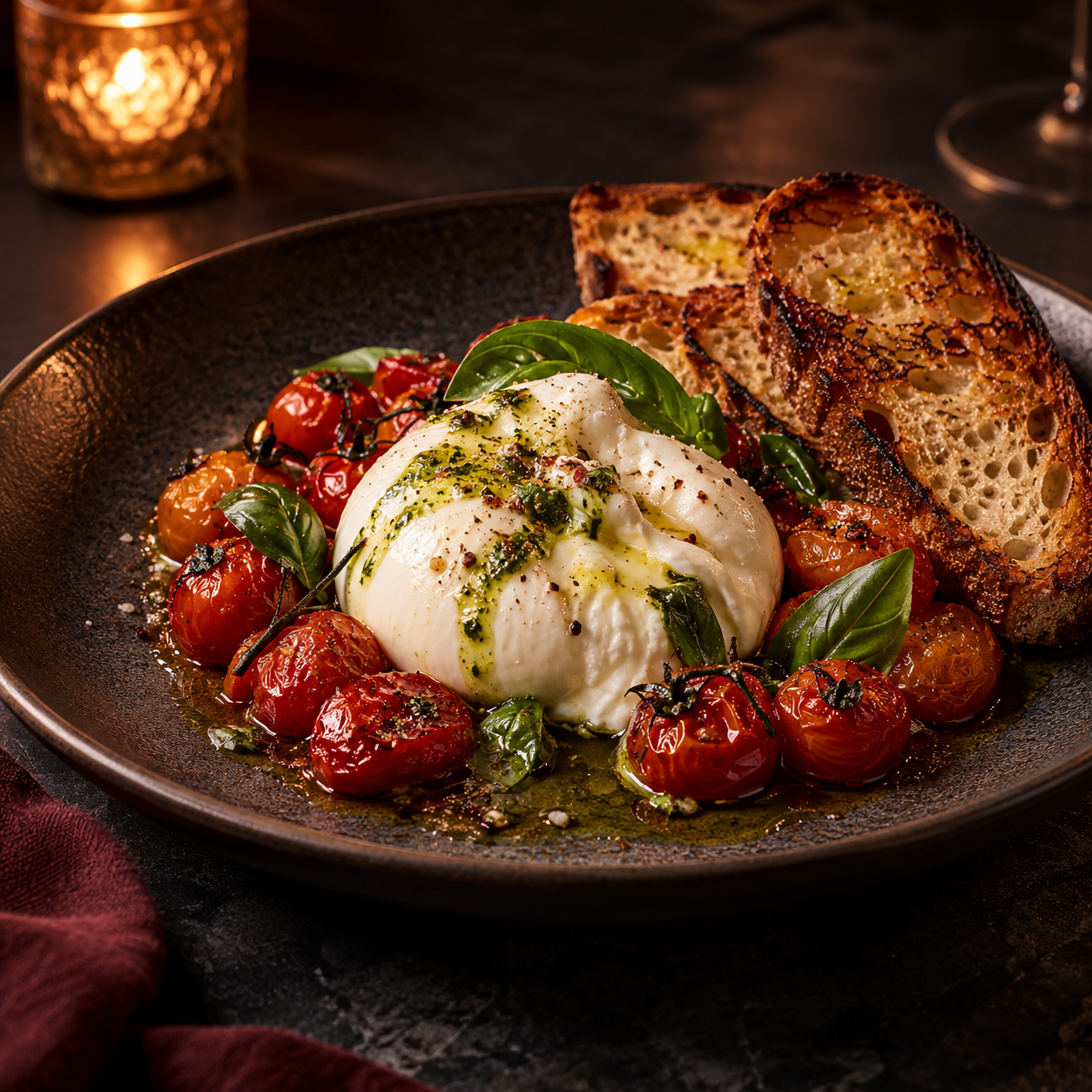 Burrata con tomates confitados